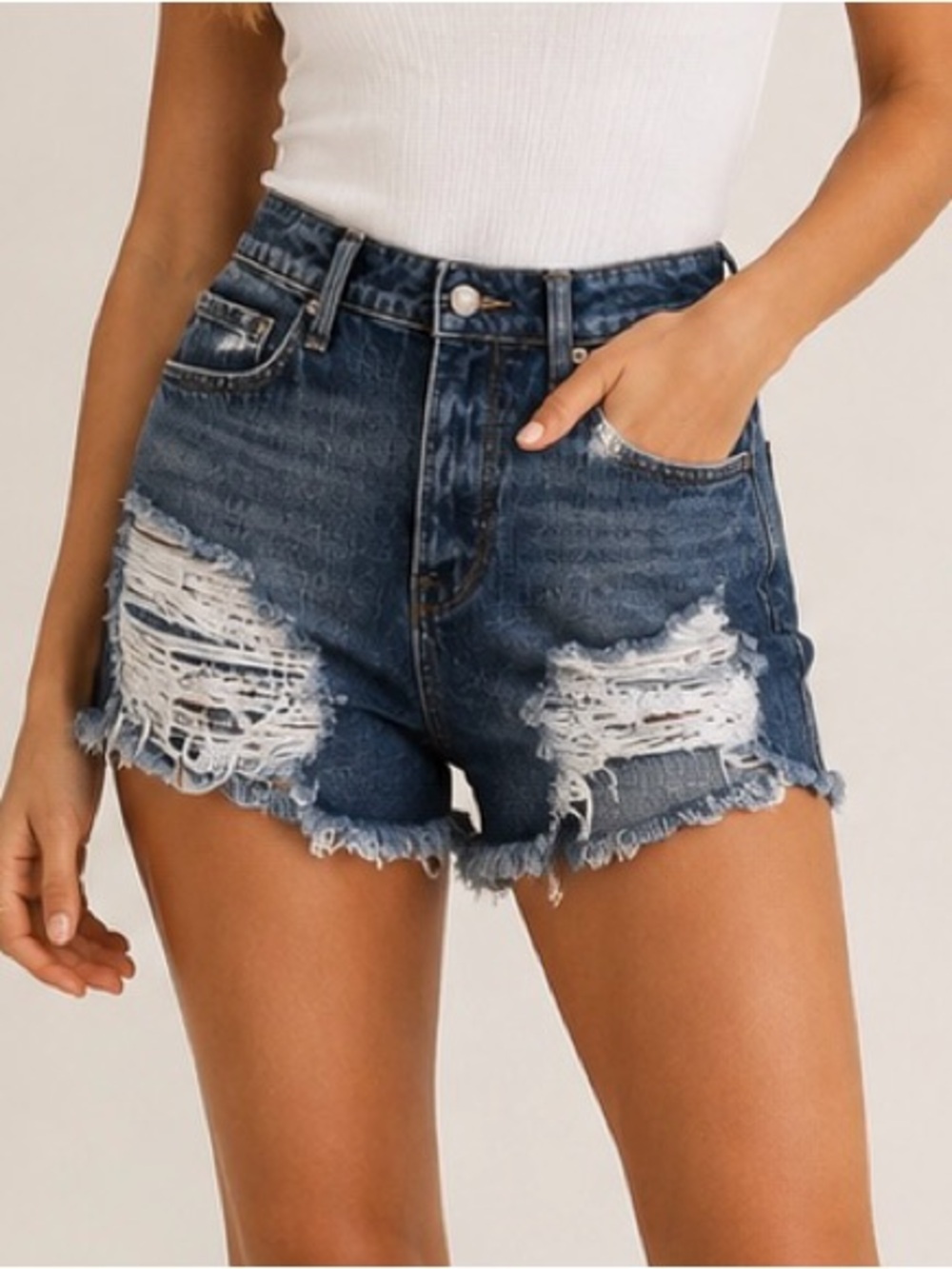 Good American Dark Blue Distressed Jean Shorts
